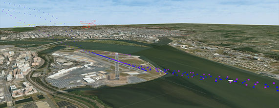 Screenshot visualizing the flight paths of aircraft around an airport