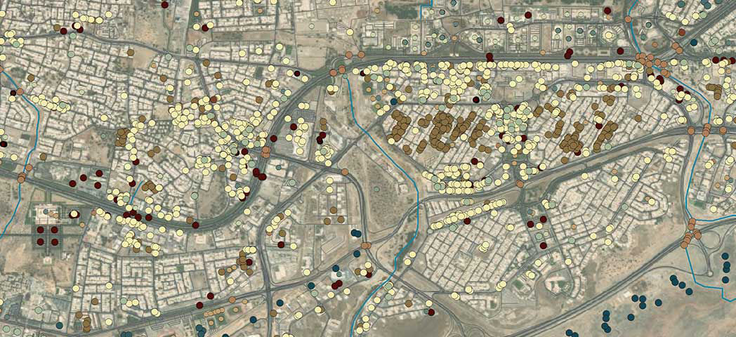 Map with dots representing items of interest