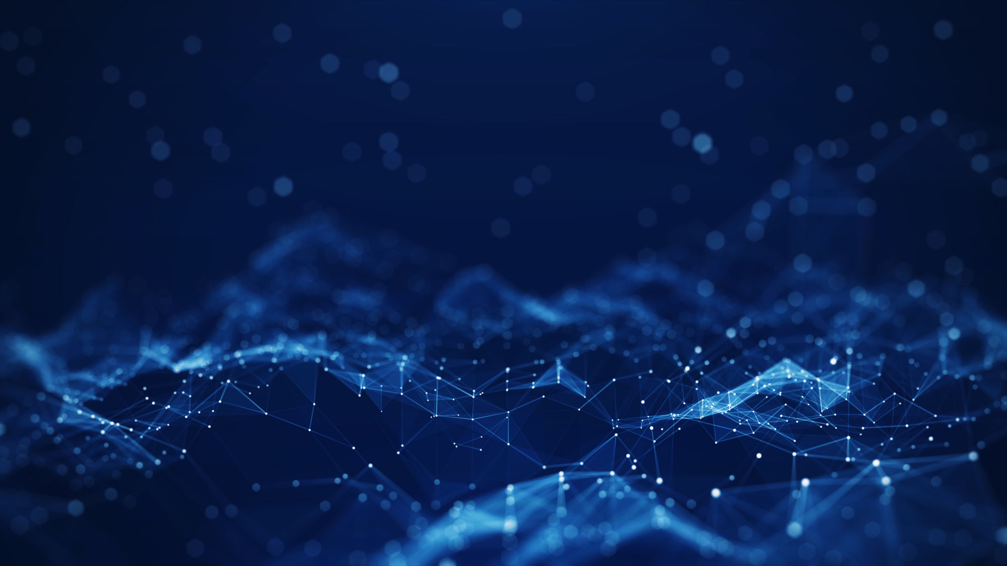 Polygons, dots and lines with dark blue background, center focus, side blur