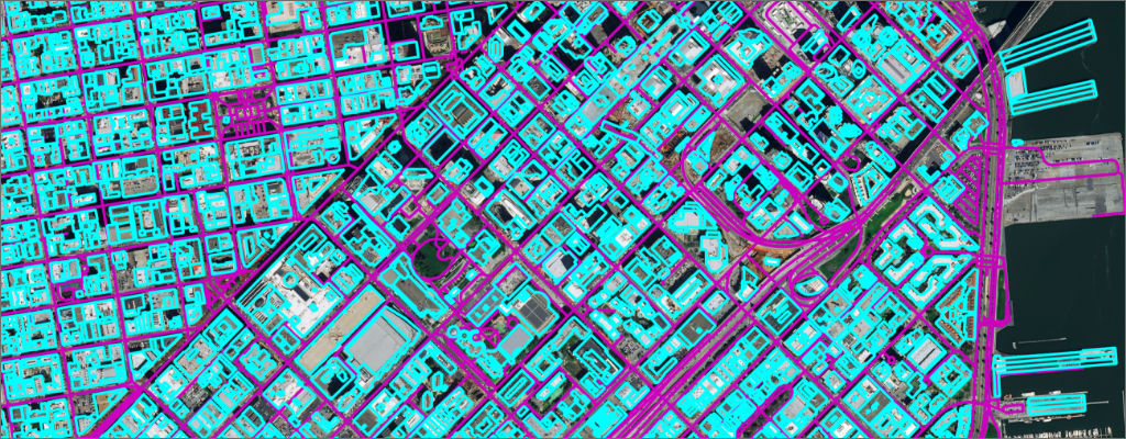 satellite image of urban area with derived analytics overlaid on the image